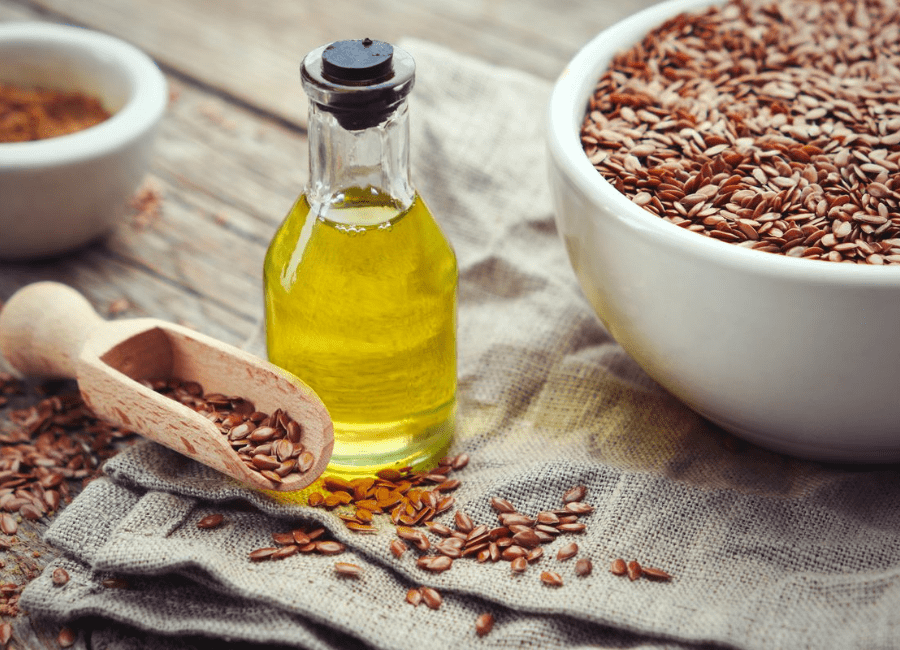 Mesa com óleo Omega 3 e sementes de linhaça.